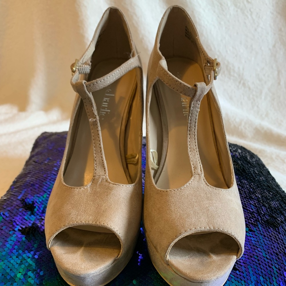 Tan suede platform stilettos